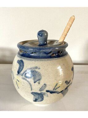 Mitchell Handmade Art Pottery Honey Pot Jar With Wood Dipper Signed